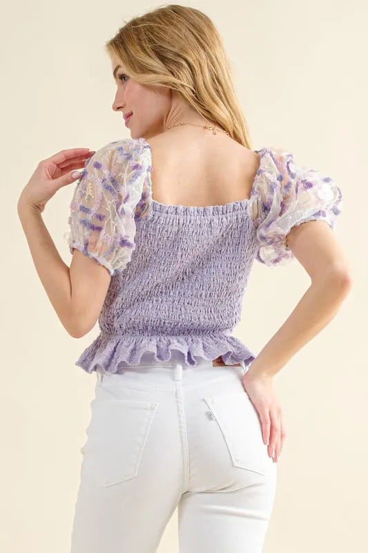 And The Why Embellishment Sleeve Smocked Top | Tops Daverri Fashions