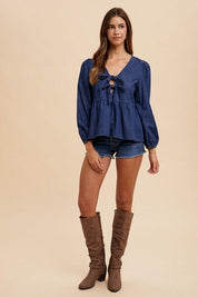 Annie Wear Navy Tie Front Peplum Long Sleeve Denim Top | Tops Daverri Fashions