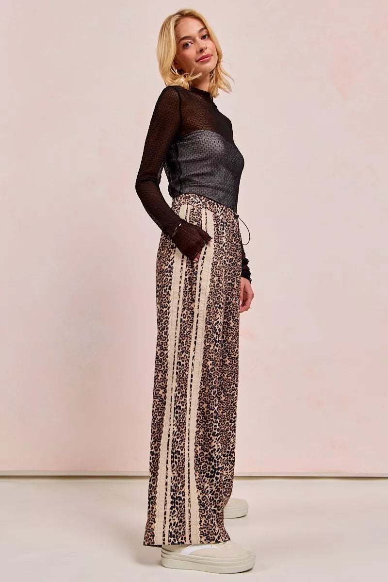 BiBi Leopard Printed Track Pants with Side Contrast Lace | Loungewear Bottoms Daverri Fashions