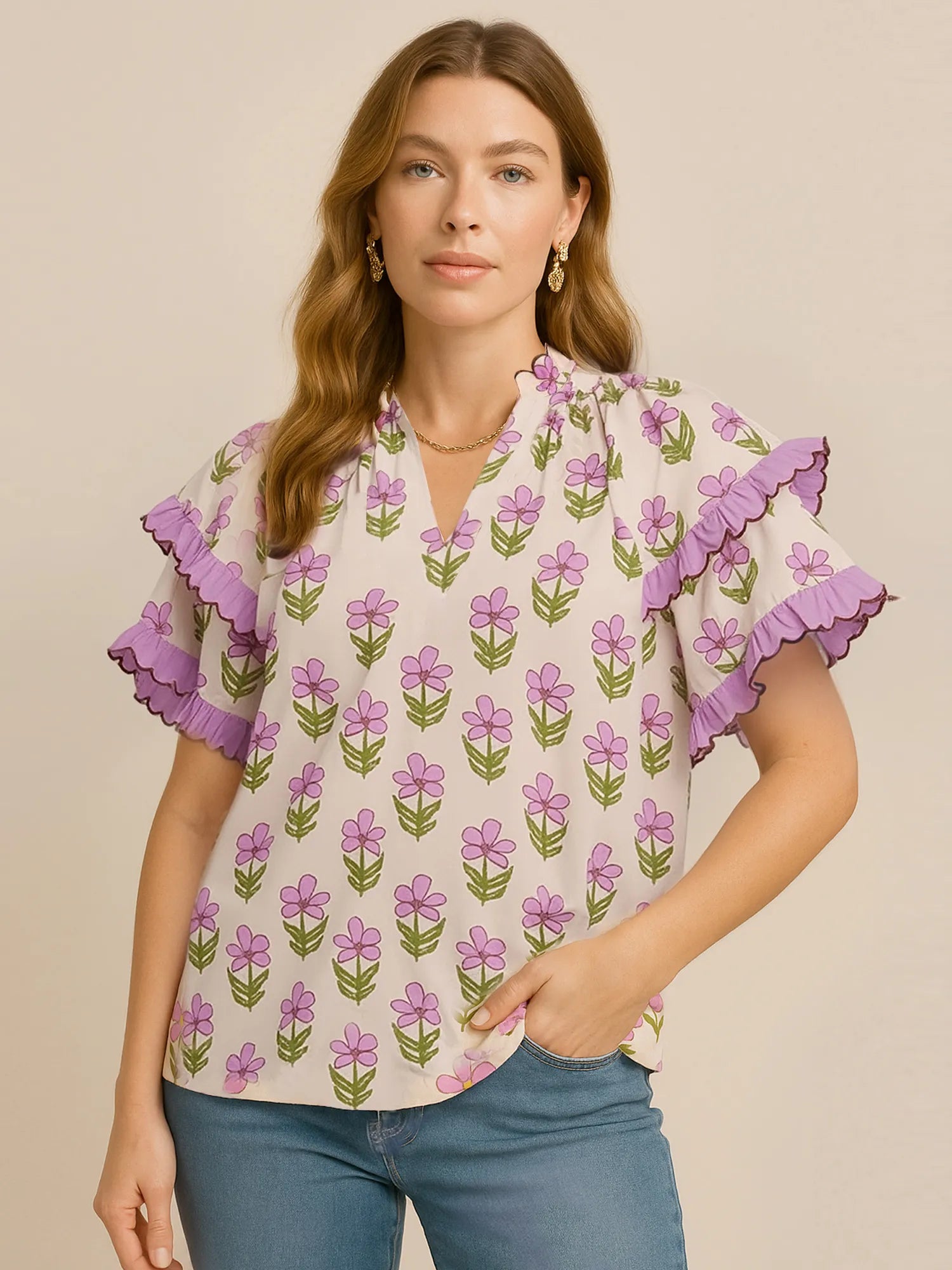 Pink Purple Umgee Floral Print Ruffle Short Sleeve Blouse | Daverri Fashions