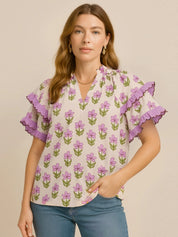 Pink Purple Umgee Floral Print Ruffle Short Sleeve Blouse | Daverri Fashions