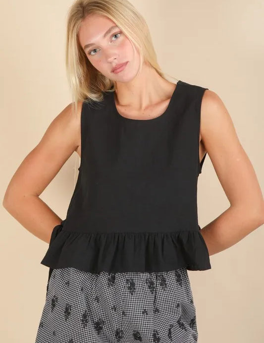 Black VERY J Side Tie Detail Ruffled Sleeveless Top | Tops Daverri Fashions