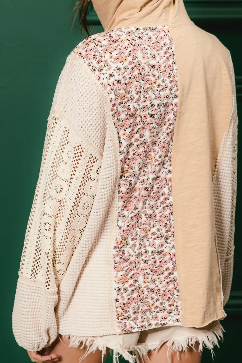BiBi Slub Jersey with Lace Combo Buttoned Hoodie Top | Hoodies Daverri Fashions