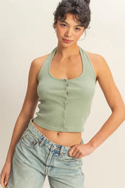 SAGE GREEN HYFVE Halter Neck Buttoned Washed Top | Tops Daverri Fashions