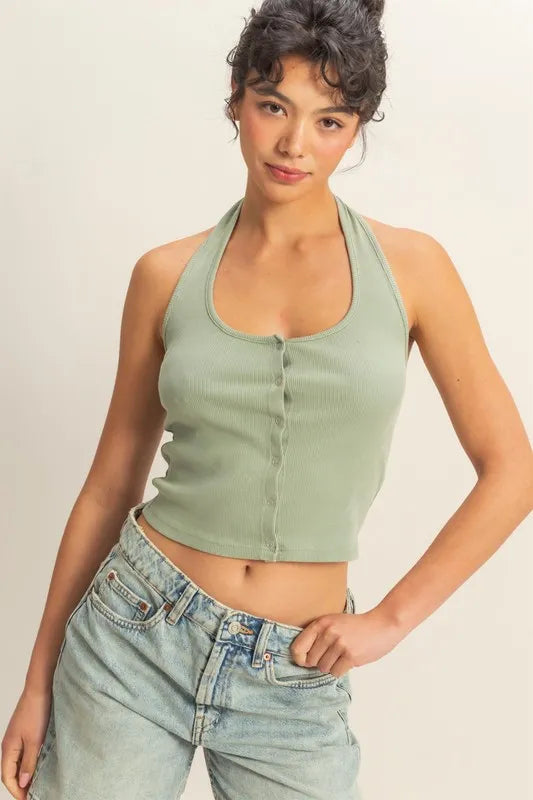 SAGE GREEN HYFVE Halter Neck Buttoned Washed Top | Tops Daverri Fashions