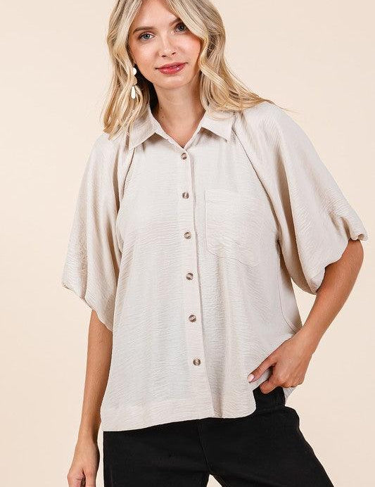 Natural Mittoshop Airflow Short Bubble Sleeve Button Down Shirt | Daverri Fashions