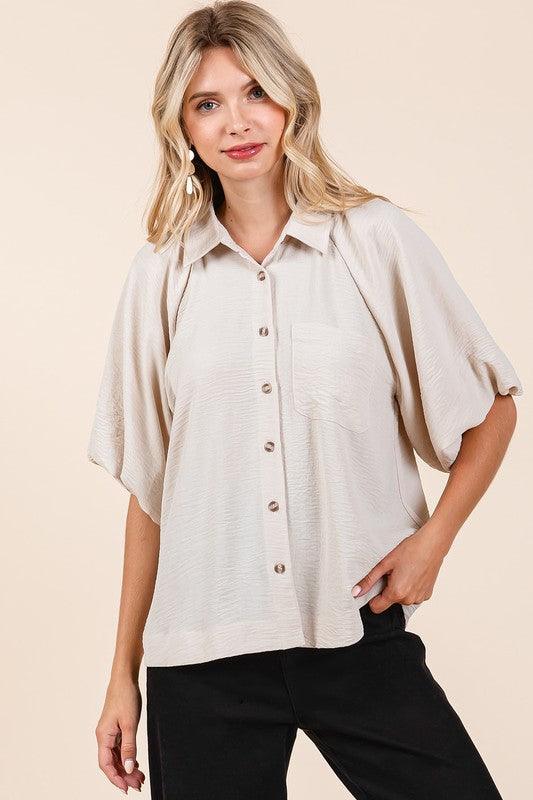 Natural Mittoshop Airflow Short Bubble Sleeve Button Down Shirt | Daverri Fashions