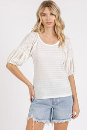Off White Mittoshop Mixed Media Textured Knit Popcorn Puff Sleeve Blouse | Blouses Daverri Fashions