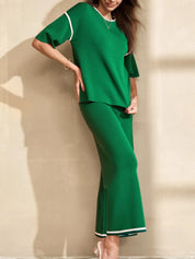 Contrast Trim T-Shirt and Drawstring Pants Set | Loungewear Sets Daverri Fashions