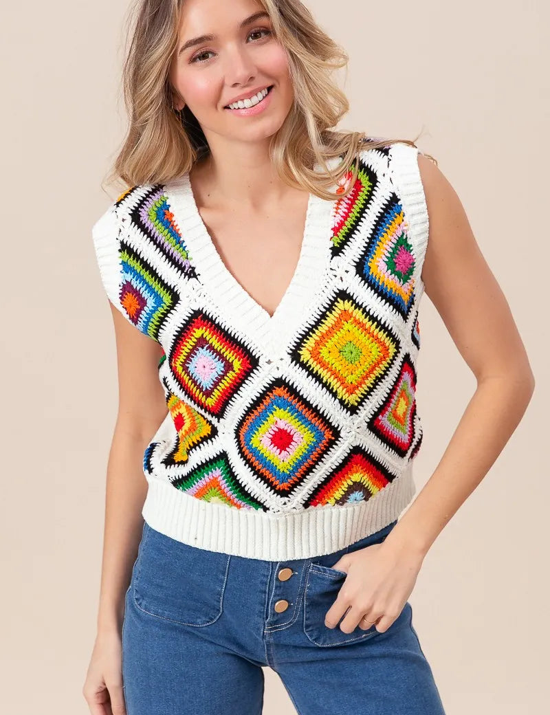 BiBi Diamond Granny Square Sweater Vest | Sweater Vests Daverri Fashions