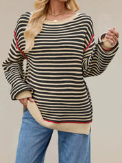 Apricot Slit Striped Oversized Sweater | Sweaters Daverri Fashions