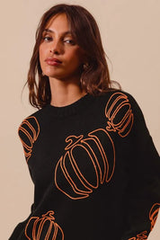 Pumpkin Embroidered Halloween Thanksgiving Sweater | Sweaters Daverri Fashions