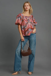 Umgee Full Size Abstract Print Smocked Square Neck Puff Sleeve Blouse | Blouses Daverri Fashions