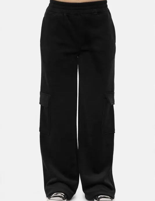 Black S Mono B Elastic Waist Corduroy Cargo Pants | Daverri Fashions
