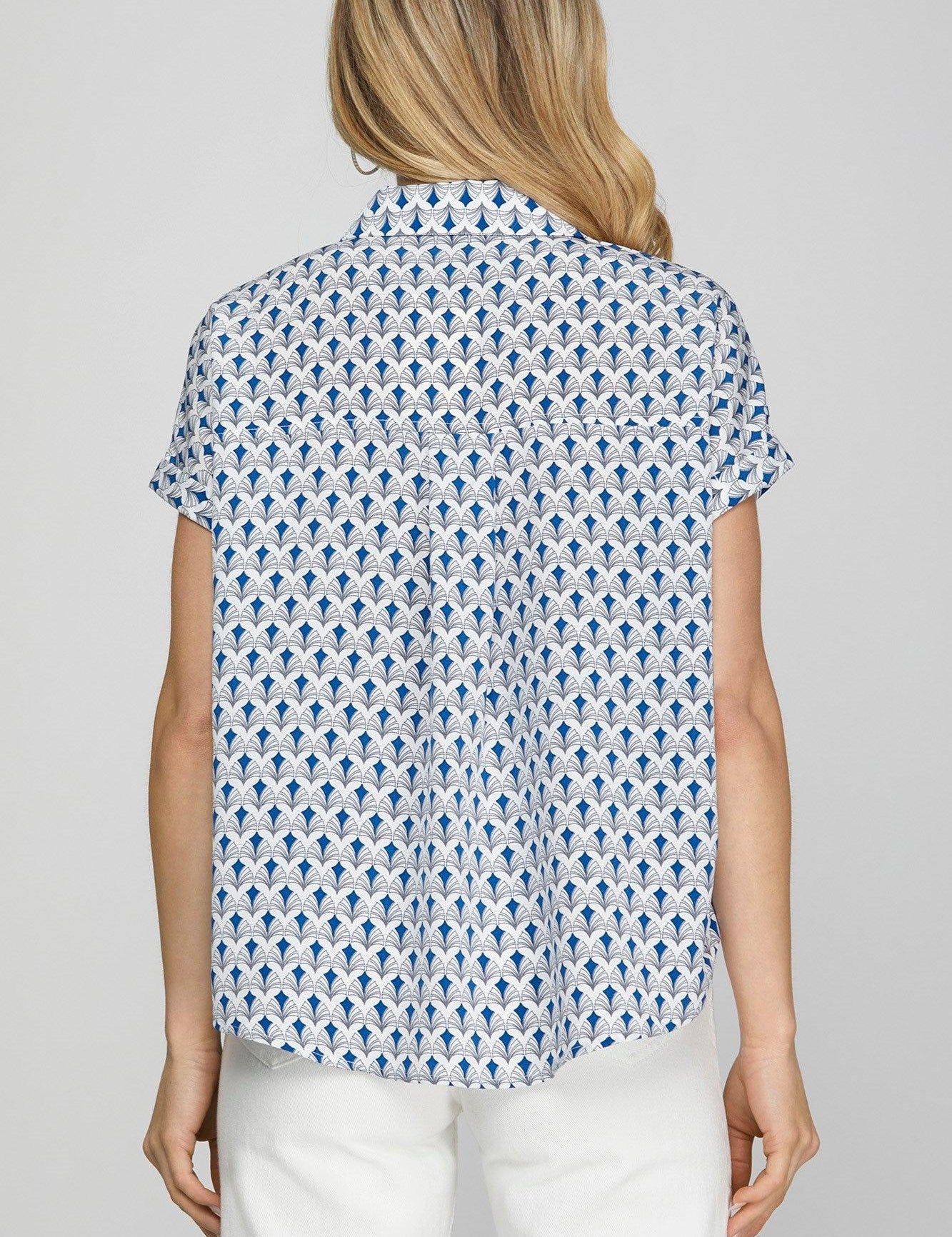 She + Sky Full Size Printed Johnny Collar Short Sleeve Blouse Plus Size | Blouses Daverri Fashions