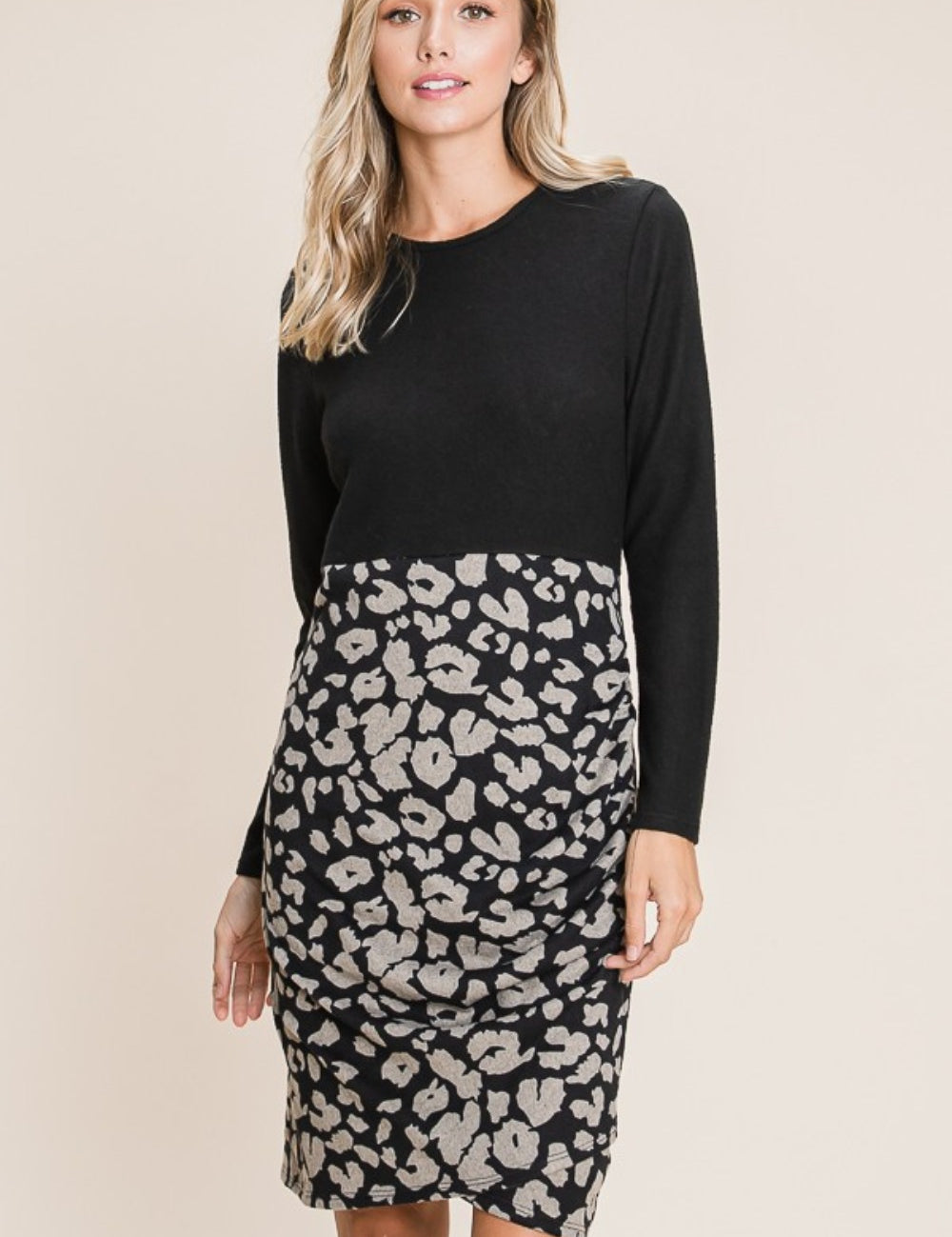 Black BOMBOM Leopard Color Block Knit Dress | Daverri Fashions