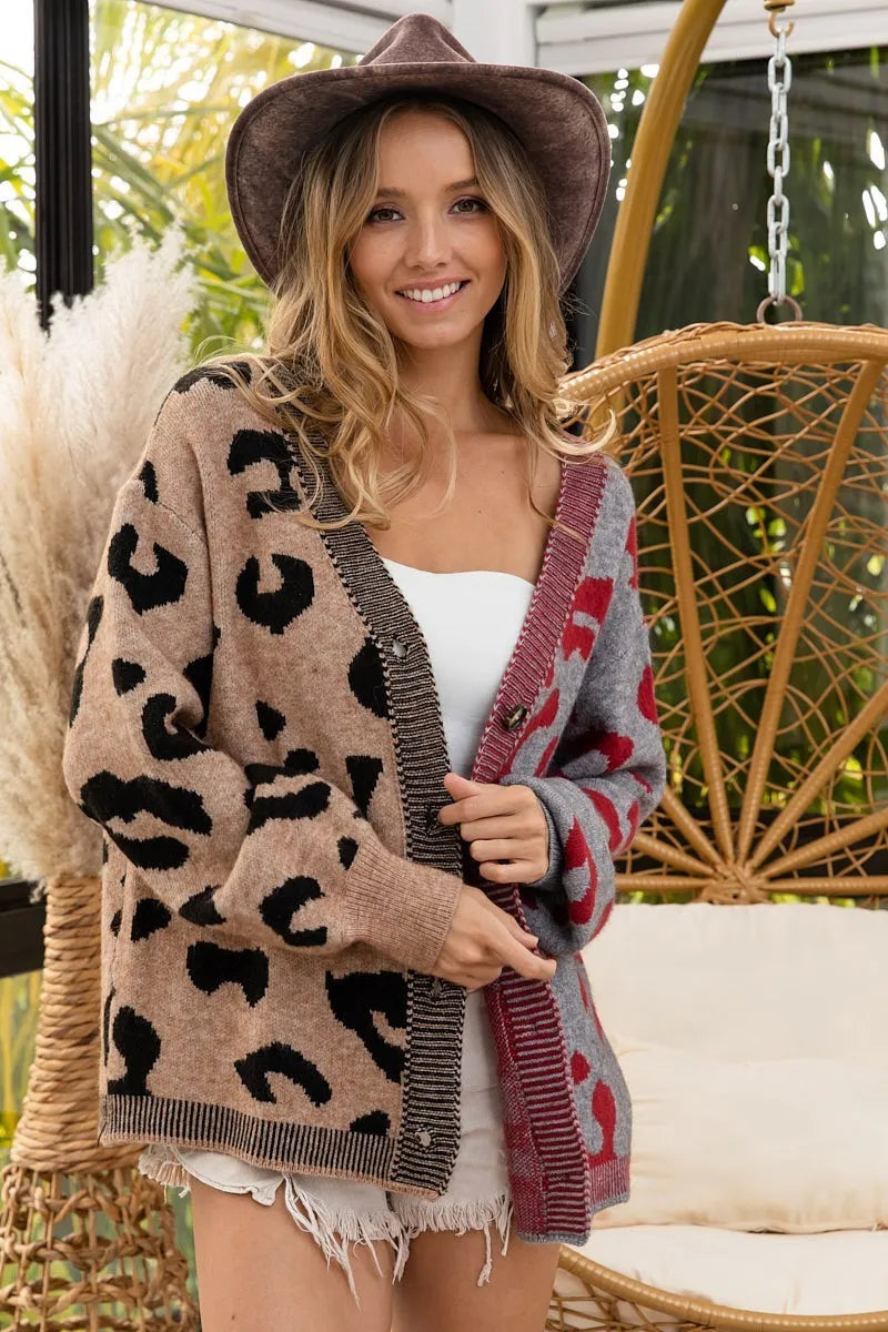 BiBi Leopard Color Block Button Down Sweater Cardigan | Cardigans Daverri Fashions
