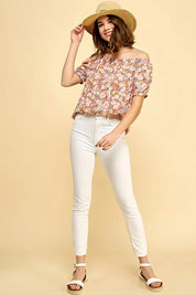 Lime 'N' Chili Floral Print Short Sleeve Off-The-Shoulder Blouse | Daverri Fashions