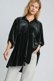 Umgee Full Size Polka Dot Button Up Half Sleeve Shirt | Daverri Fashions