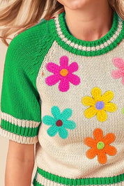 BiBi Crochet Flower Patches Striped Rib Band Sweater | Sweaters Daverri Fashions