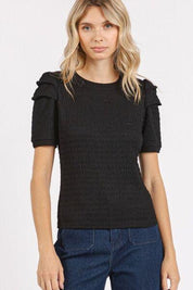 Black S Mittoshop Textured Round Neck Short Sleeve Blouse | Blouses Daverri Fashions