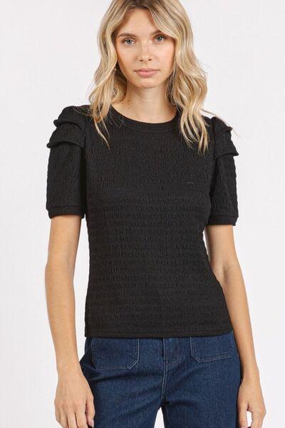Black S Mittoshop Textured Round Neck Short Sleeve Blouse | Blouses Daverri Fashions