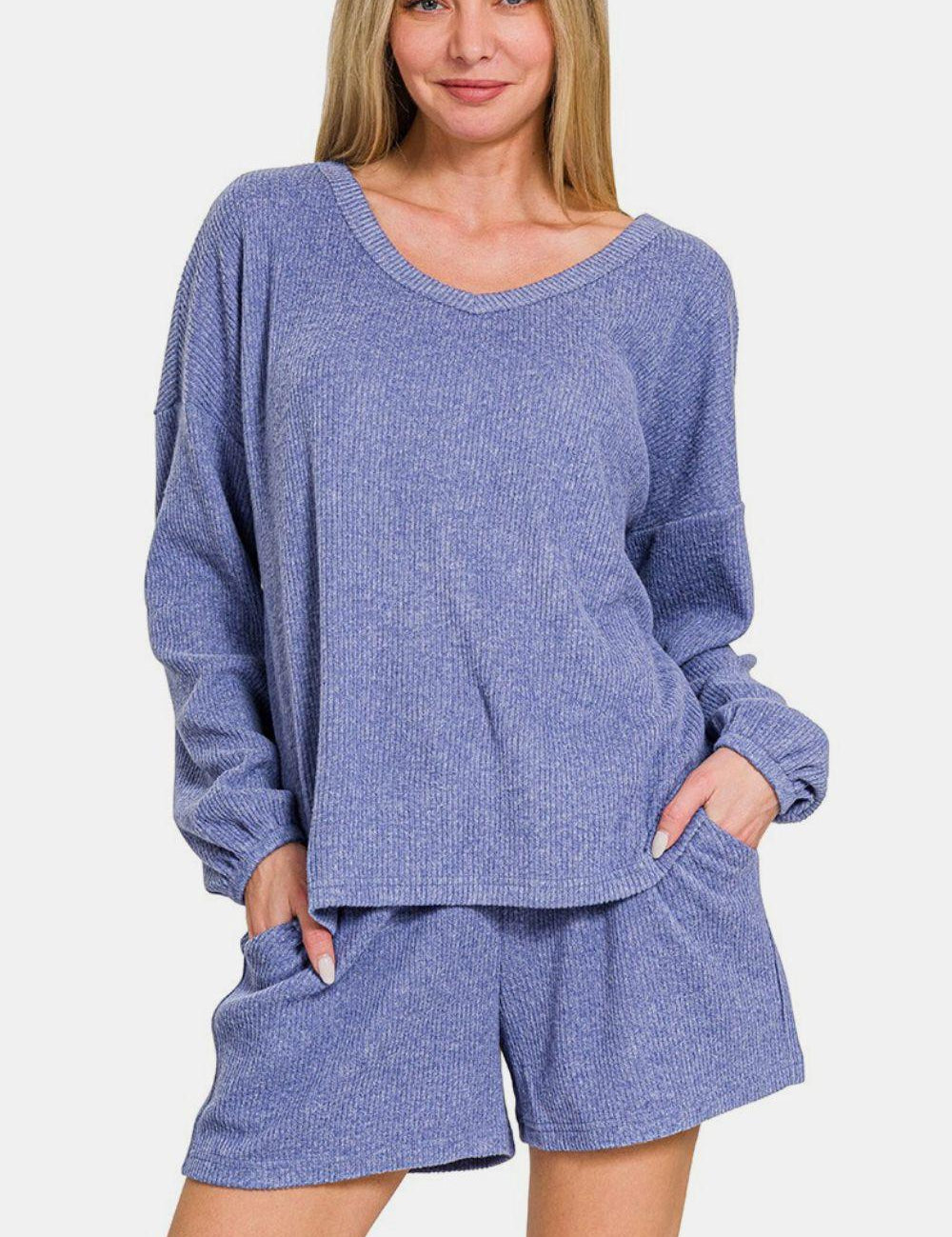 Blue Purple Zenana V-Neck Long Sleeve Ribbed Top and Shorts Set | Outfit Sets Daverri Fashions