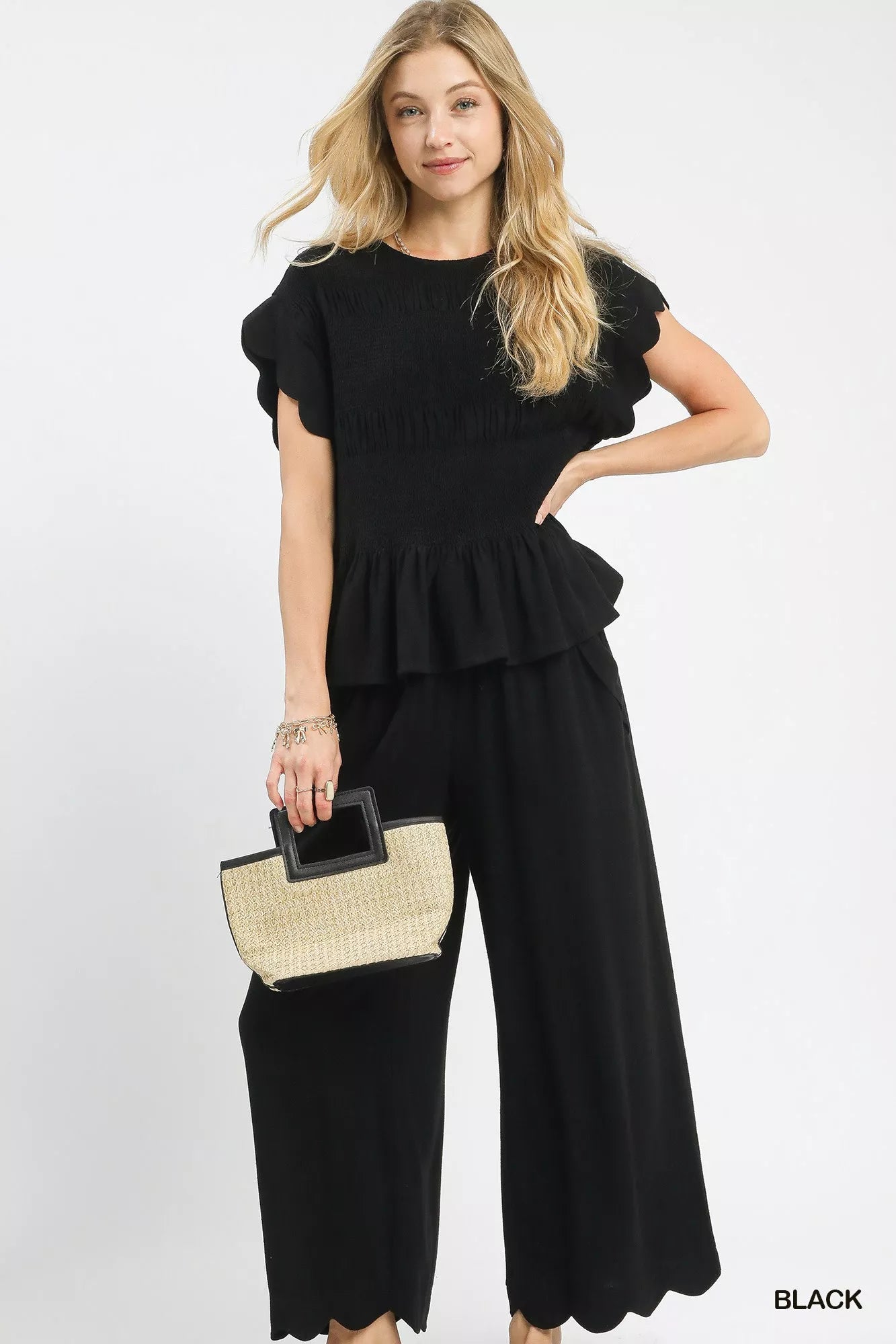 Umgee Linen Blend Smocked Peplum Blouse | Blouses Daverri Fashions