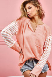 BIBI Peachy Keen Stripe Sleeve Waffle Knit Top | Tops Daverri Fashions