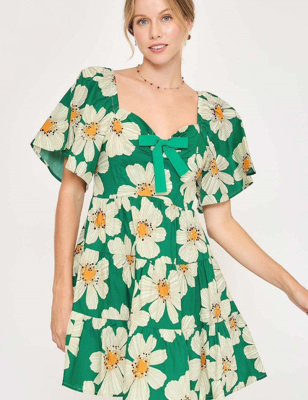 Green Umgee Full Size Daisy Print Mini Dress with Ribbon Details Plus Size | Mini Dresses Daverri Fashions