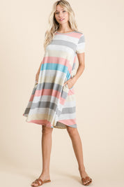 BOMBOM Striped Short Sleeve Dress with Pockets | Daverri Fashions