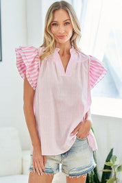 Pink First Love Full Size Striped Flutter Sleeve Blouse | Blouses Daverri Fashions