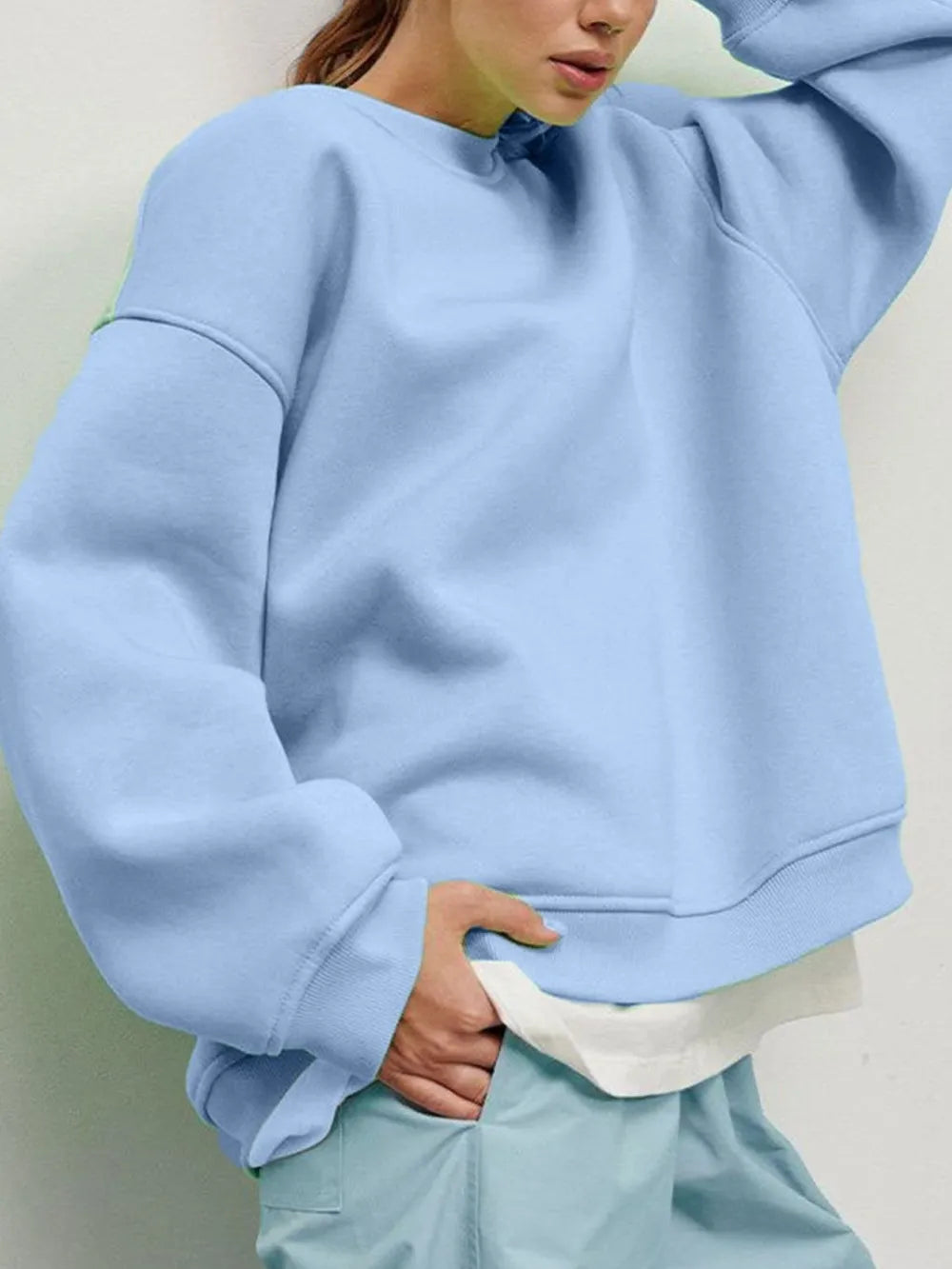 Light Blue Round Neck Dropped Shoulder Long Sleeve Sweatshirt | Sweatshirts Daverri Fashions