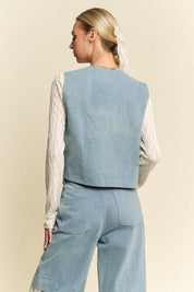 Davi & Dani Lace Patch Open Front Denim Vest | Denim Vests Daverri Fashions