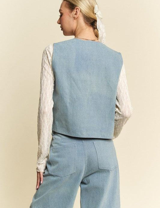 Davi & Dani Lace Patch Open Front Denim Vest | Denim Vests Daverri Fashions