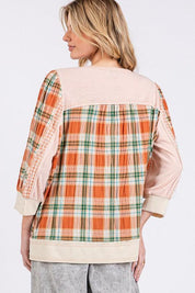 SAGE + FIG Exposed Seam Button Detail Plaid Top | Tops Daverri Fashions