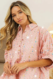 BiBi Sequin Striped Short Dolman Sleeve Blouse | Daverri Fashions