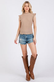 Ces Femme Texture Mock Neck Ruffle Cap Sleeve Blouse | Blouses Daverri Fashions