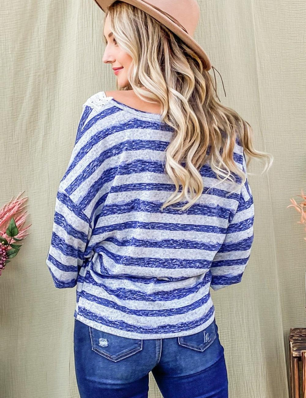 And The Why Striped Lace Detail V Neck Top | Tops Daverri Fashions