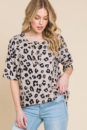 BOMBOM Button Detail Exposed Seam Leopard Half Sleeve Top | Tops Daverri Fashions