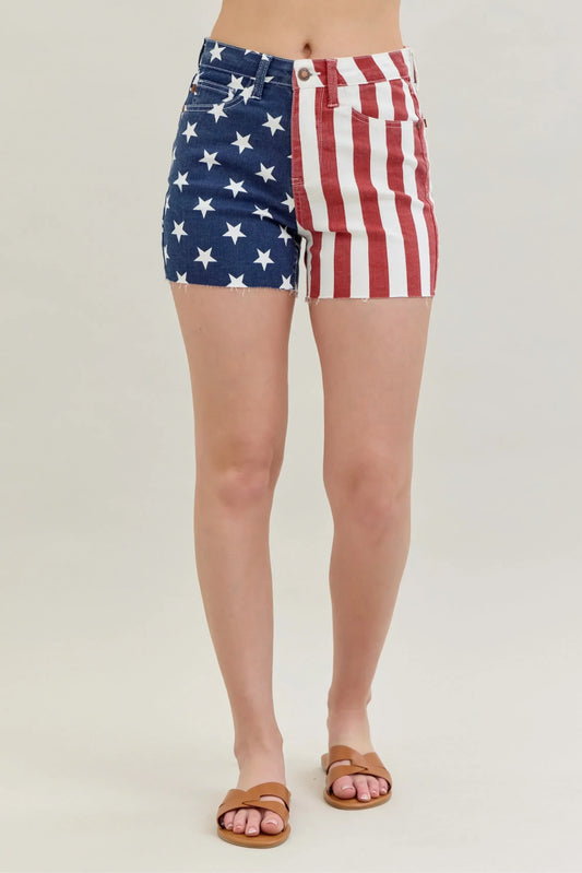 Judy Blue Full Size High Waist Americana Flag Fray Hem Shorts Plus Size - DAVERRI FASHIONS