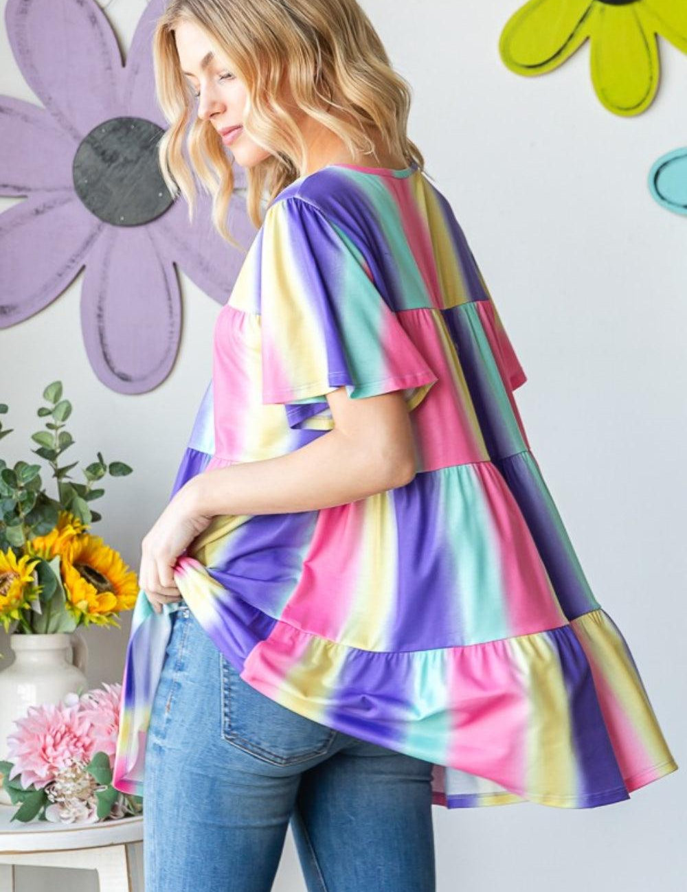 Heimish Full Size Short Sleeve Striped Tiered Top | Tops Daverri Fashions