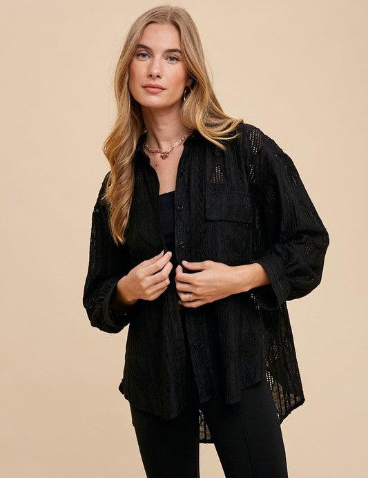 Black Annie Wear Openwork Button Down Drop Shoulder Shirt | Tops Daverri Fashions