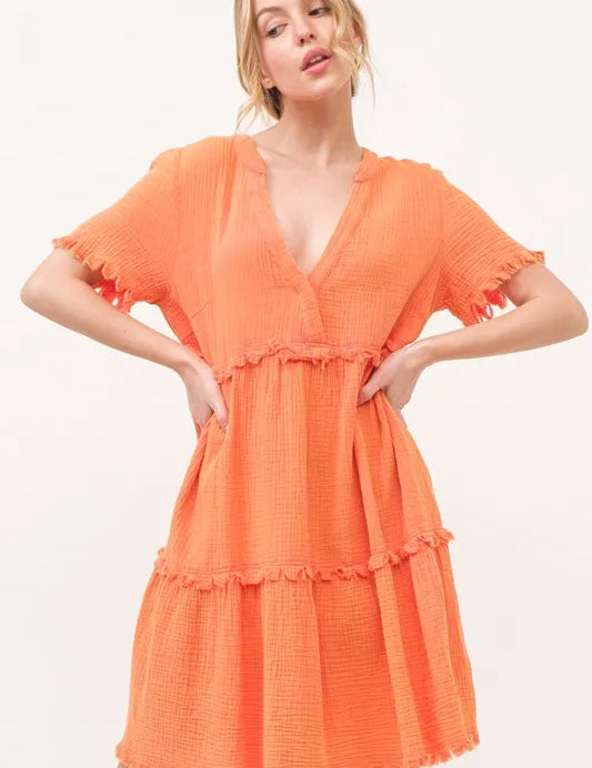 Orange And The Why Washed Frayed Detail Tiered Dress | Knee Length Dresses Daverri Fashions