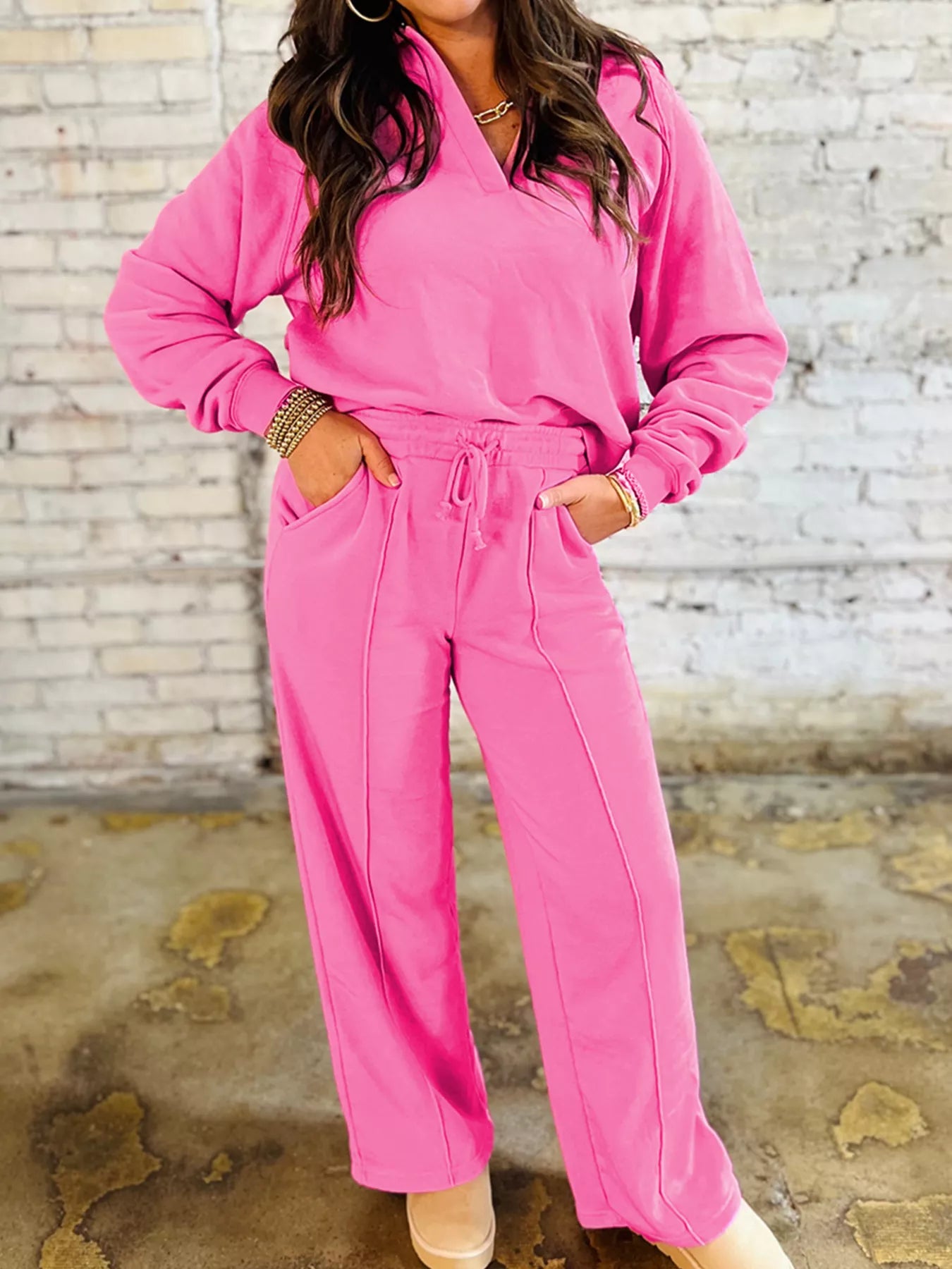 Hot Pink Solid Color Collared Pullover and Central Seam Pants Set | Loungewear Sets Daverri Fashions