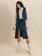 Open Front Vest and Buttoned Skirt Set | Outfit Sets Daverri Fashions