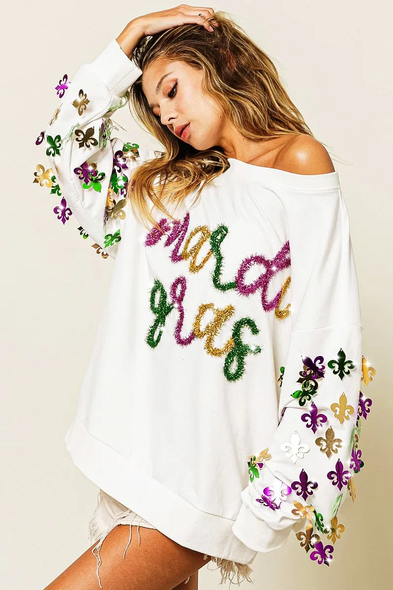 BiBi Fleur De Lis Sleeve Mardi Gras Pullover | Daverri Fashions