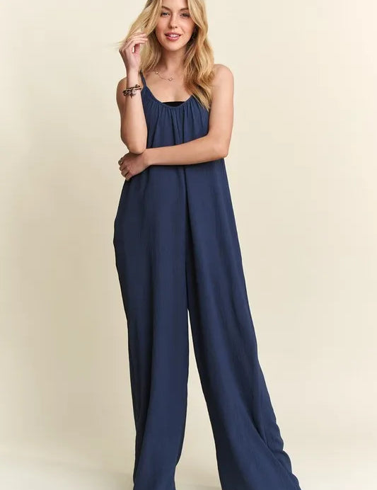 MIDNIGHT BLUE ADORA Wide Leg Casual Cami Jumpsuit | Daverri Fashions