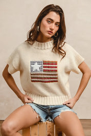 BiBi American Flag Patchwork Drop Shoulder Sweater | Sweaters Daverri Fashions