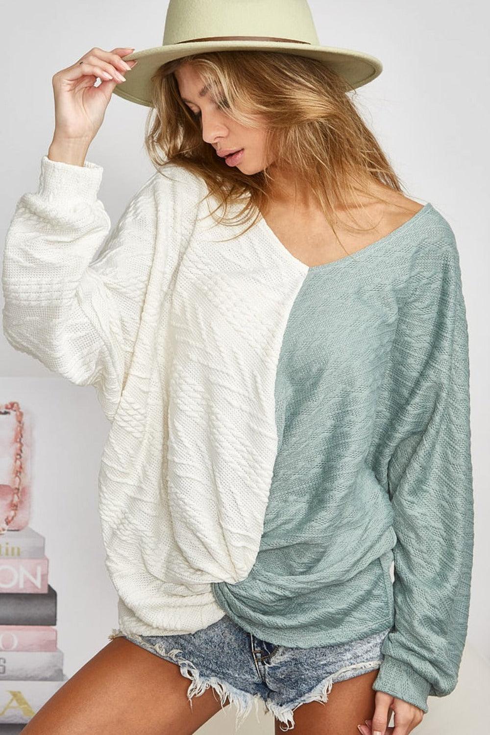 BiBi Twist Front Contrast Cable Knit Top | Tops Daverri Fashions